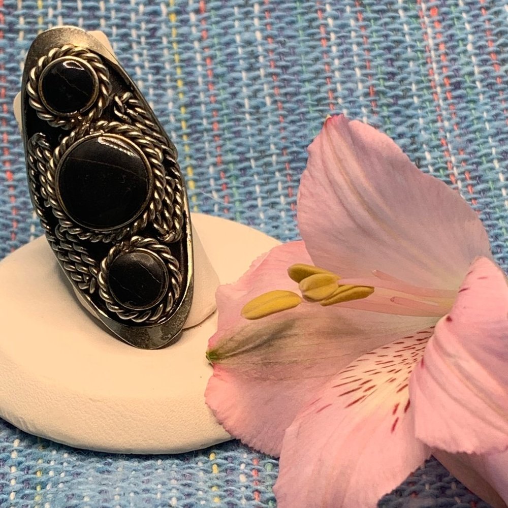 Black Stone and Alpaca Silver Adjustable Ring